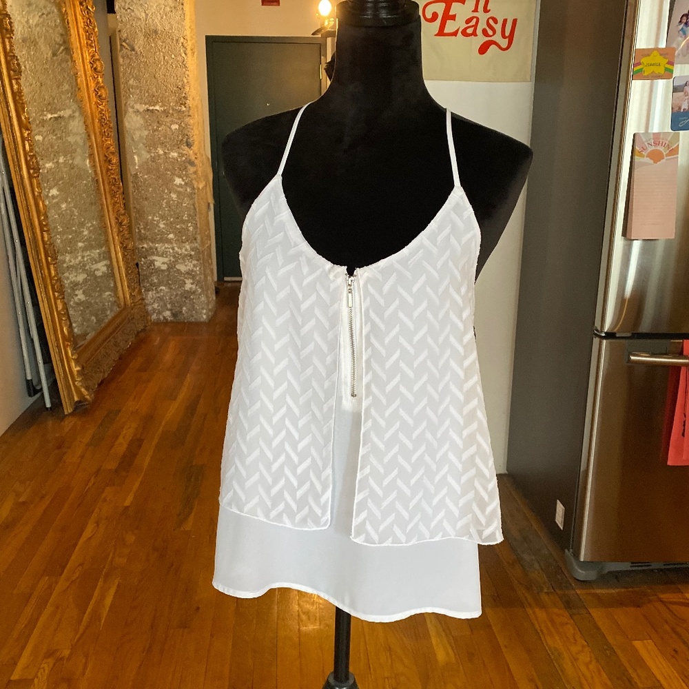 NWT Dex white sleeveless front zip double layer textured pattern tank top cami S